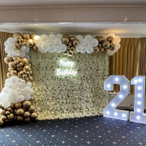 Charming White Flower Wall with Vintage Flower Art for Elegant Birthday Celebrations