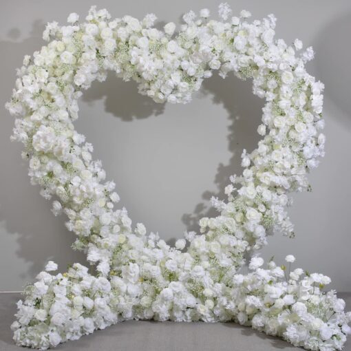 Chic Heart-Shaped Arch with White Roses and Baby’s Breath for Romantic Wedding Decor