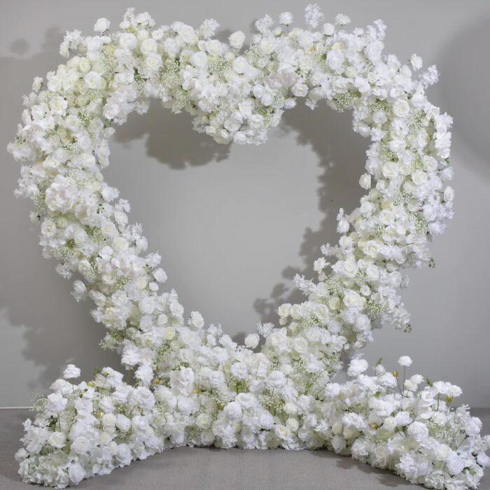 Chic Heart-Shaped Arch with White Roses and Baby’s Breath for Romantic Wedding Decor