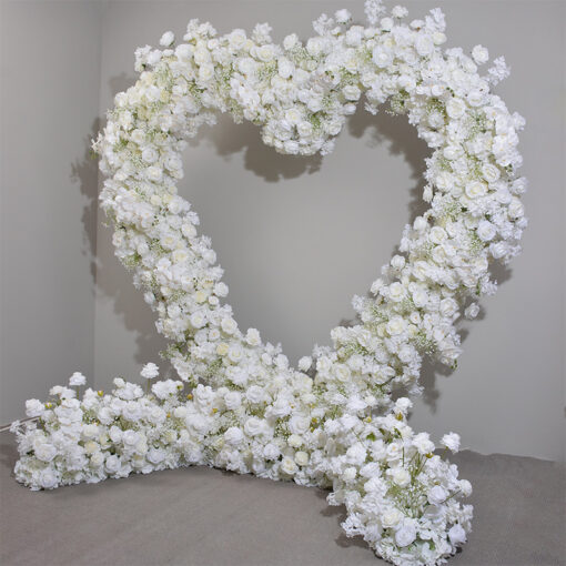 Chic Heart-Shaped Arch with White Roses and Baby’s Breath for Romantic Wedding Decor
