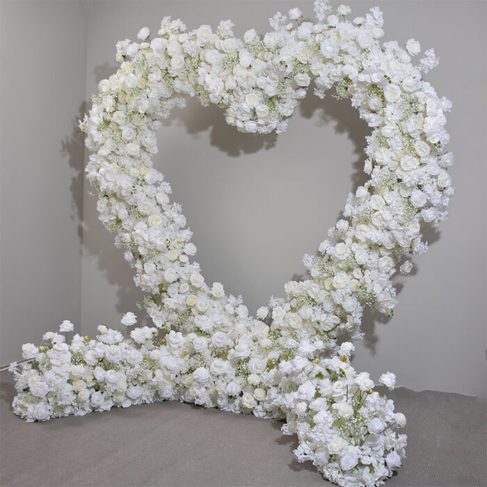 Chic Heart-Shaped Arch with White Roses and Baby’s Breath for Romantic Wedding Decor