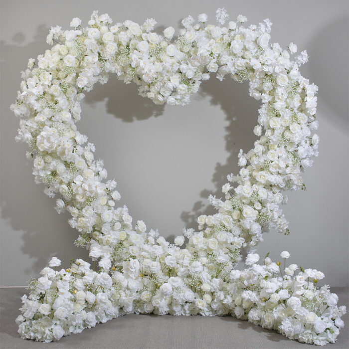 Chic Heart-Shaped Arch with White Roses and Baby’s Breath for Romantic Wedding Decor