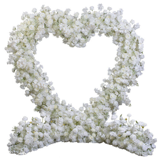 Chic Heart-Shaped Arch with White Roses and Baby’s Breath for Romantic Wedding Decor