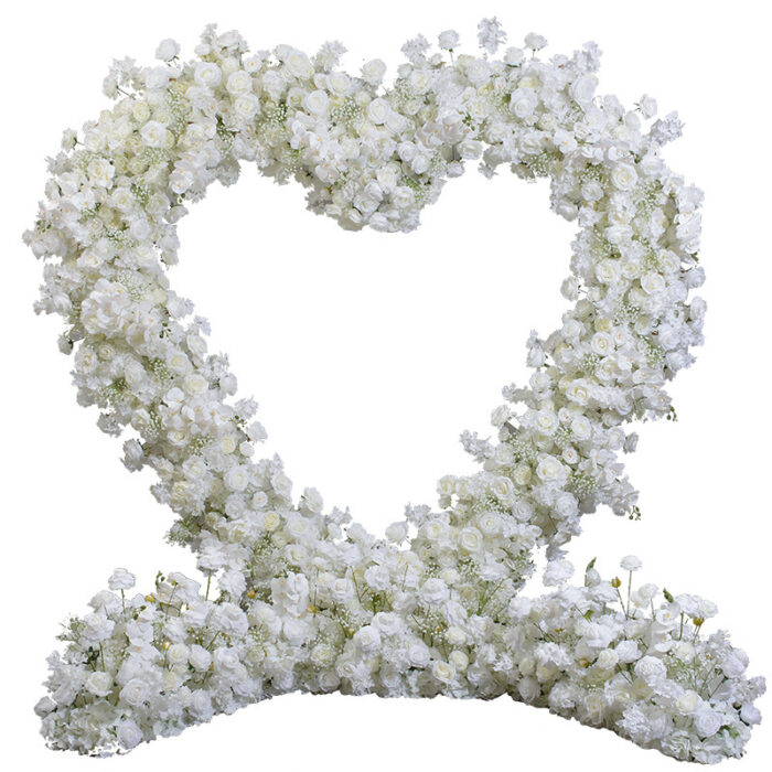Chic Heart-Shaped Arch with White Roses and Baby’s Breath for Romantic Wedding Decor