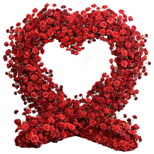 Dazzling Heart-Shaped Wedding Arch with Red Roses and Greenery for a Grand Wedding Backdrop