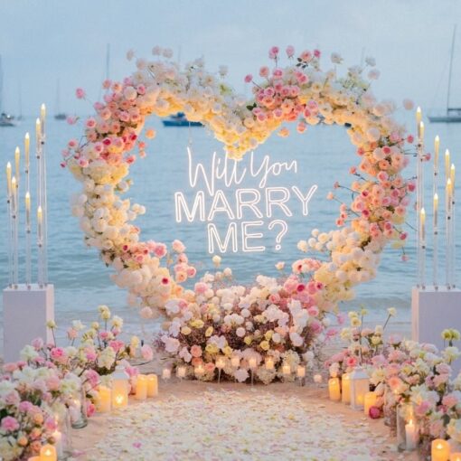 Delicate Pink and White Rose Heart Arch for Proposal with Lovely Floral Design