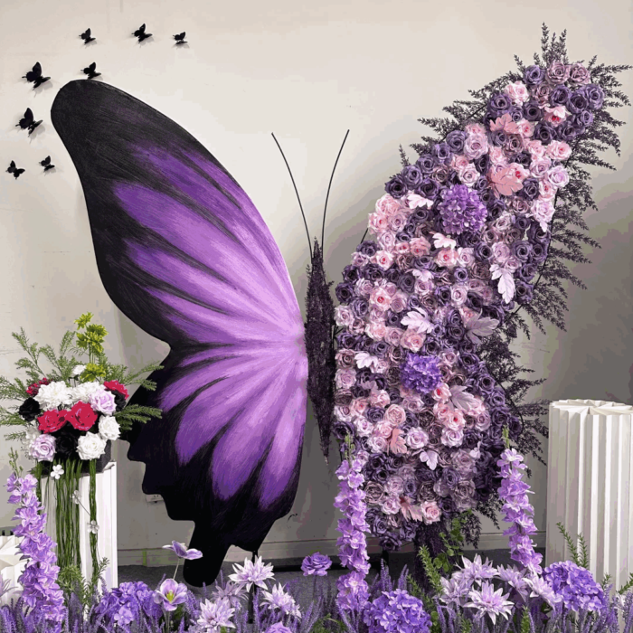 Dreamy Butterfly Backdrop in Gradient Purple with Pastel Pink and Lavender Blooms