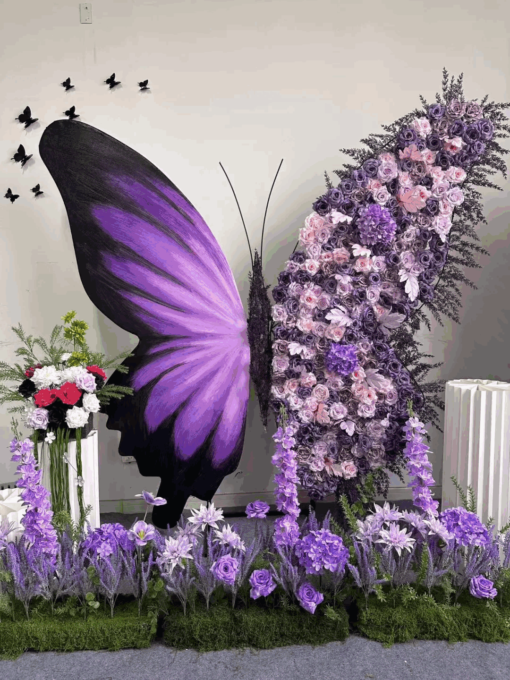 Dreamy Butterfly Backdrop in Gradient Purple with Pastel Pink and Lavender Blooms