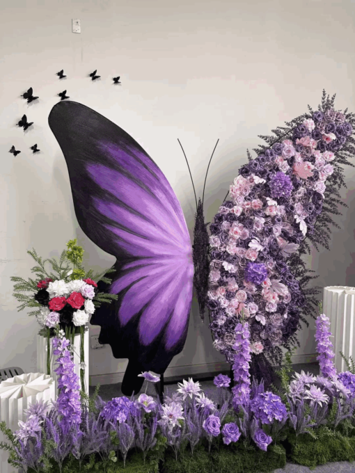 Dreamy Butterfly Backdrop in Gradient Purple with Pastel Pink and Lavender Blooms