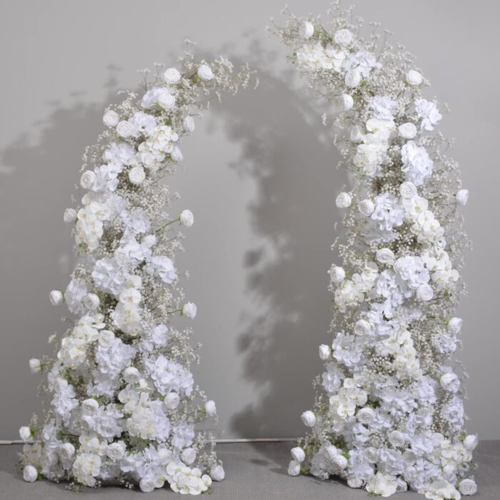 Elegant Beige & White Rose Wedding Arch with Gypsophila, Floral Backdrop with Frame