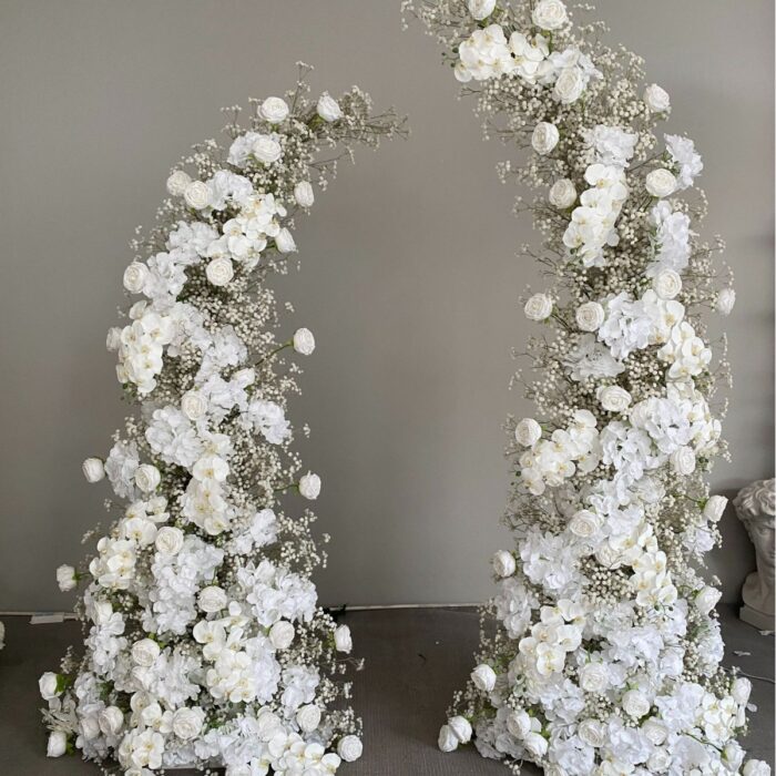Elegant Beige & White Rose Wedding Arch with Gypsophila, Floral Backdrop with Frame