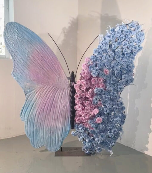 Elegant Blue and Pink Gradient Butterfly Backdrop with Soft Roses for Photo Booth Decor