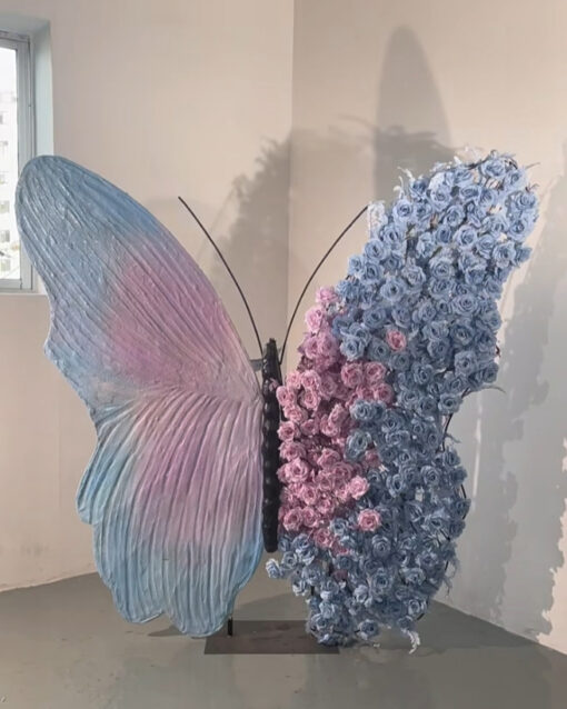 Elegant Blue and Pink Gradient Butterfly Backdrop with Soft Roses for Photo Booth Decor
