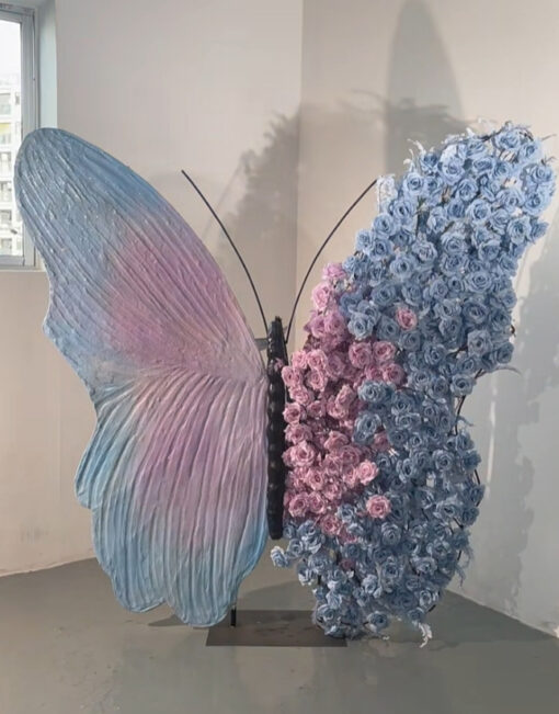Elegant Blue and Pink Gradient Butterfly Backdrop with Soft Roses for Photo Booth Decor