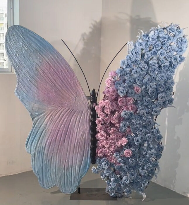 Elegant Blue and Pink Gradient Butterfly Backdrop with Soft Roses for Photo Booth Decor