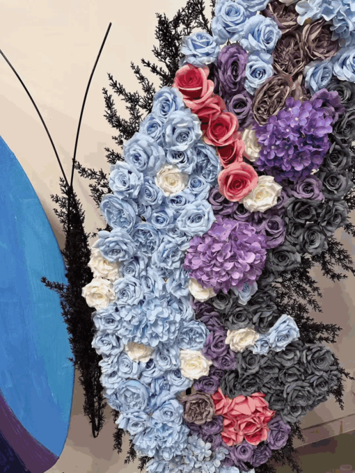 Gradient Blue and Purple Butterfly Backdrop with Vibrant Flowers for