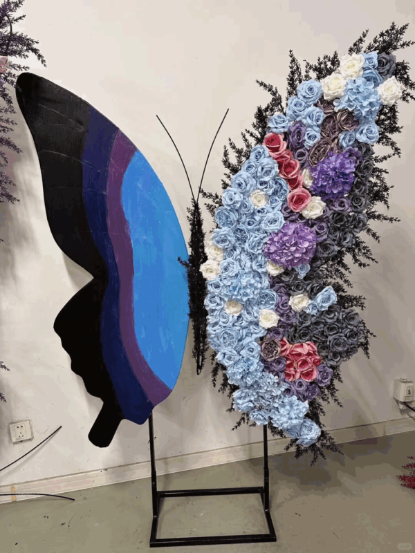 Gradient Blue and Purple Butterfly Backdrop with Vibrant Flowers for