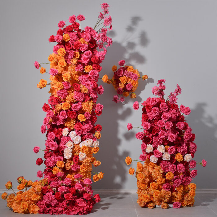 Hot Pink and Orange Floral Arch – Wedding Party Flower Arrangement, Photo Booth Backdrop Decoration