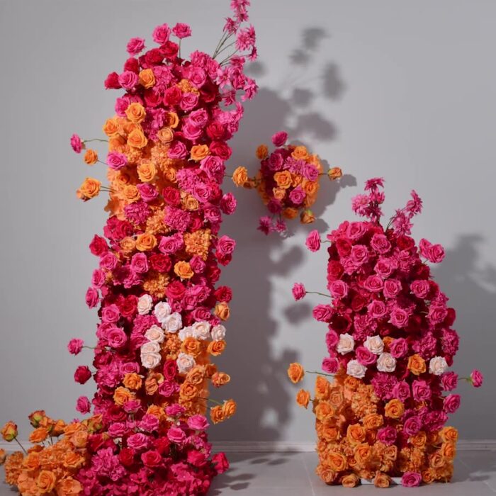 Hot Pink and Orange Floral Arch – Wedding Party Flower Arrangement, Photo Booth Backdrop Decoration