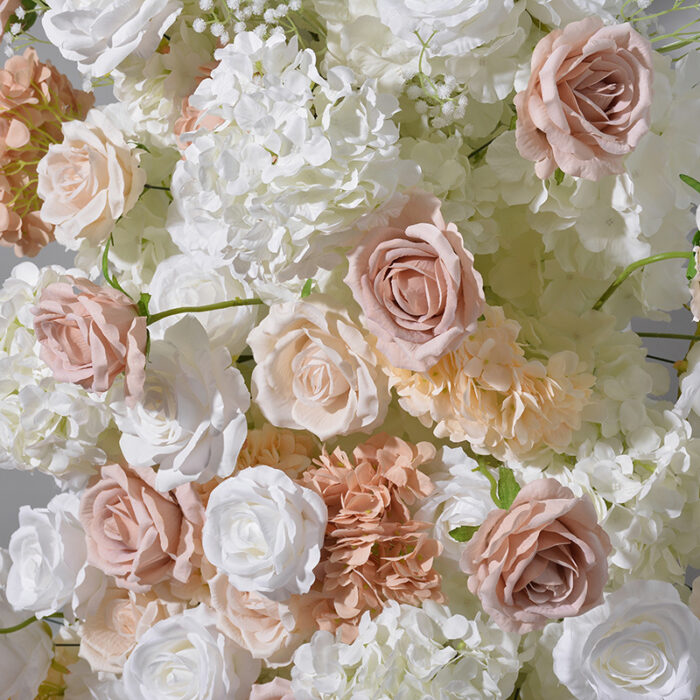 Ivory Rose Wedding Arch with Leafy Flower Row – Elegant Artificial Floral Backdrop Decoration