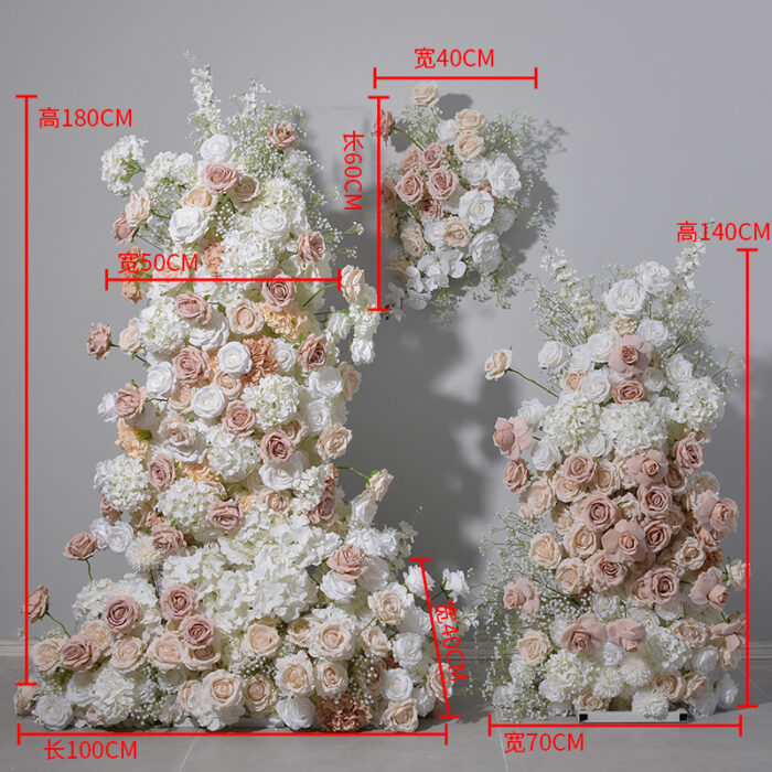 Ivory Rose Wedding Arch with Leafy Flower Row – Elegant Artificial Floral Backdrop Decoration