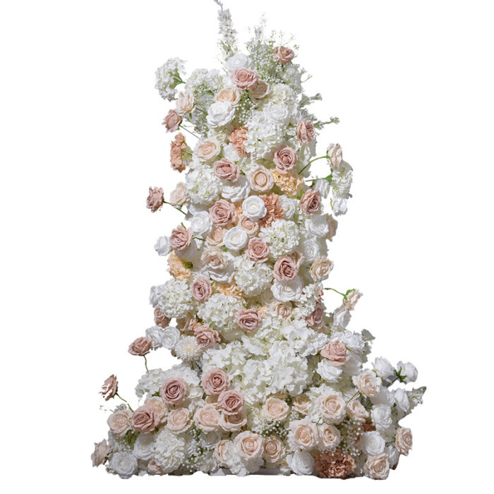 Ivory Rose Wedding Arch with Leafy Flower Row – Elegant Artificial Floral Backdrop Decoration