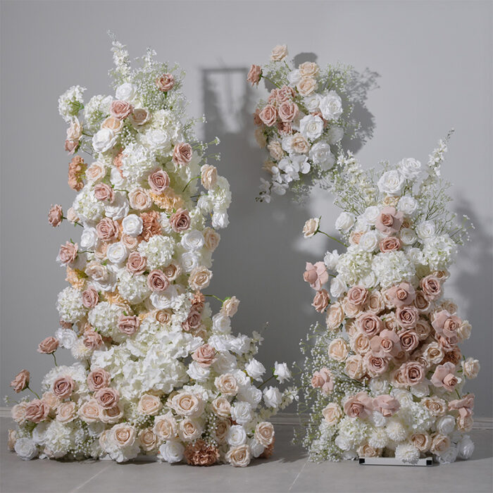 Ivory Rose Wedding Arch with Leafy Flower Row – Elegant Artificial Floral Backdrop Decoration