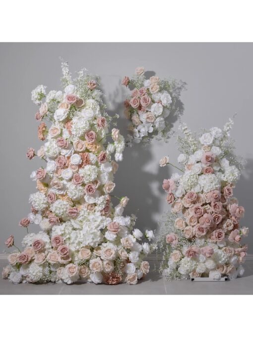 Ivory Rose Wedding Arch with Leafy Flower Row – Elegant Artificial Floral Backdrop Decoration