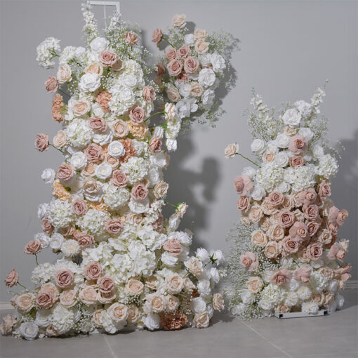 Ivory Rose Wedding Arch with Leafy Flower Row – Elegant Artificial Floral Backdrop Decoration