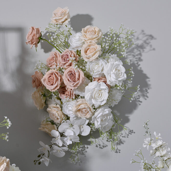 Ivory Rose Wedding Arch with Leafy Flower Row – Elegant Artificial Floral Backdrop Decoration