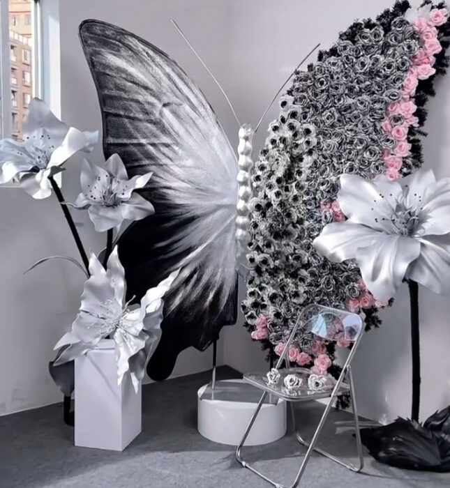 Luxury Black and Silver Gradient Butterfly Decor with Pink Rose Arrangement