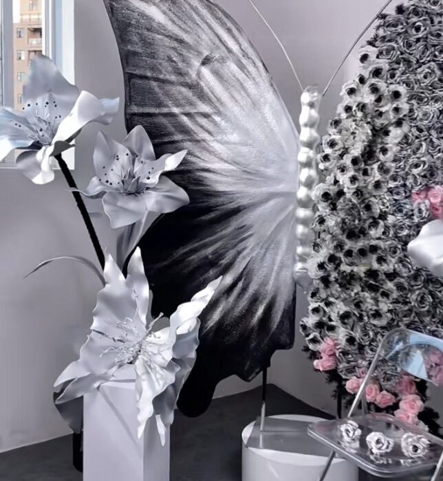 Luxury Black and Silver Gradient Butterfly Decor with Pink Rose Arrangement