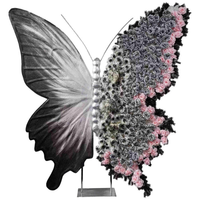 Luxury Black and Silver Gradient Butterfly Decor with Pink Rose Arrangement