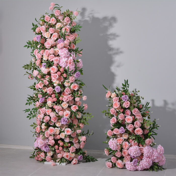 Luxury Pink and Purple Wedding Arch with Roses & Eucalyptus – Elegant Floral Column for Events