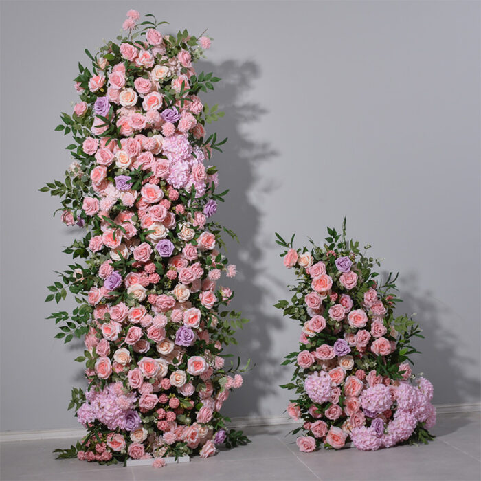 Luxury Pink and Purple Wedding Arch with Roses & Eucalyptus – Elegant Floral Column for Events