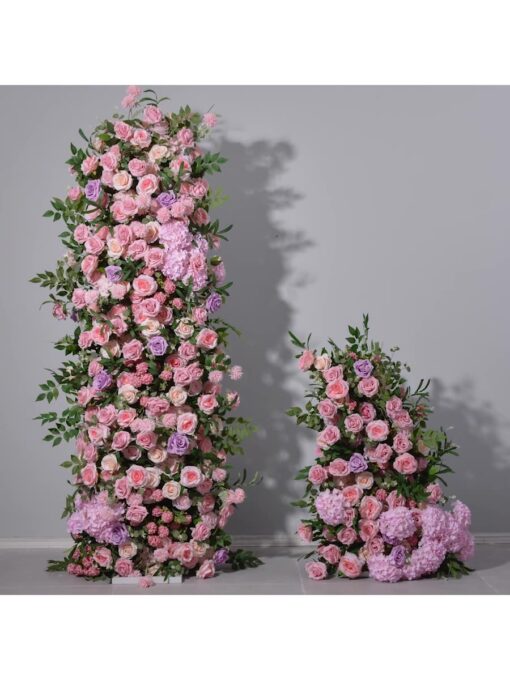 Luxury Pink and Purple Wedding Arch with Roses & Eucalyptus – Elegant Floral Column for Events