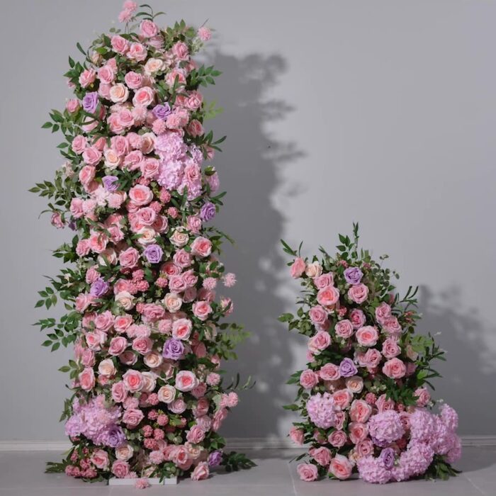 Luxury Pink and Purple Wedding Arch with Roses & Eucalyptus – Elegant Floral Column for Events