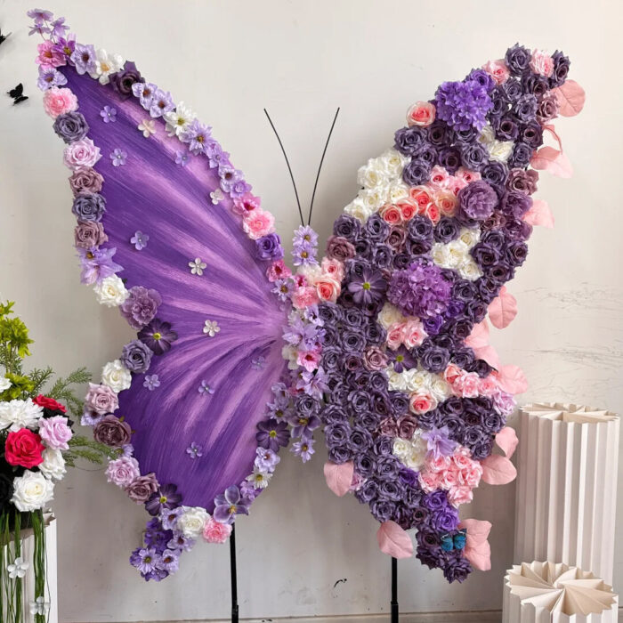 Luxury Wedding Decor Purple and Pink Gradient Butterfly Backdrop with Artificial Flowers
