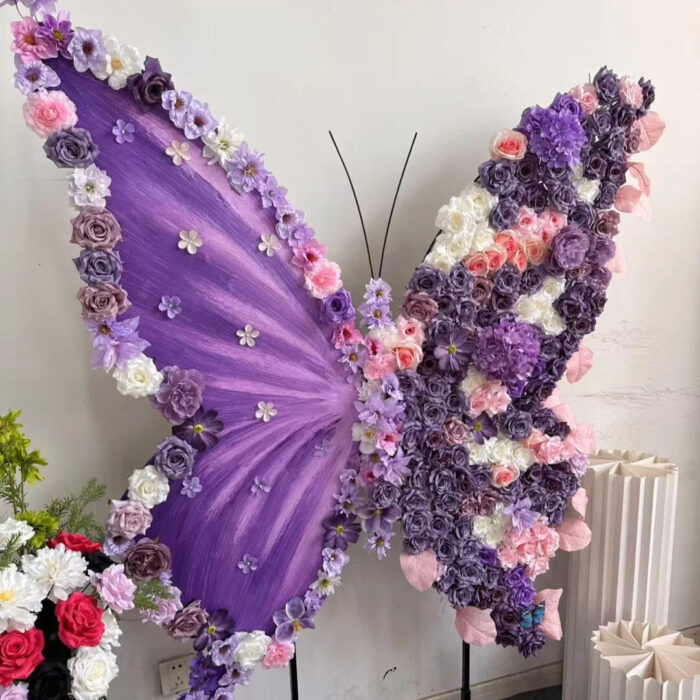 Luxury Wedding Decor Purple and Pink Gradient Butterfly Backdrop with Artificial Flowers