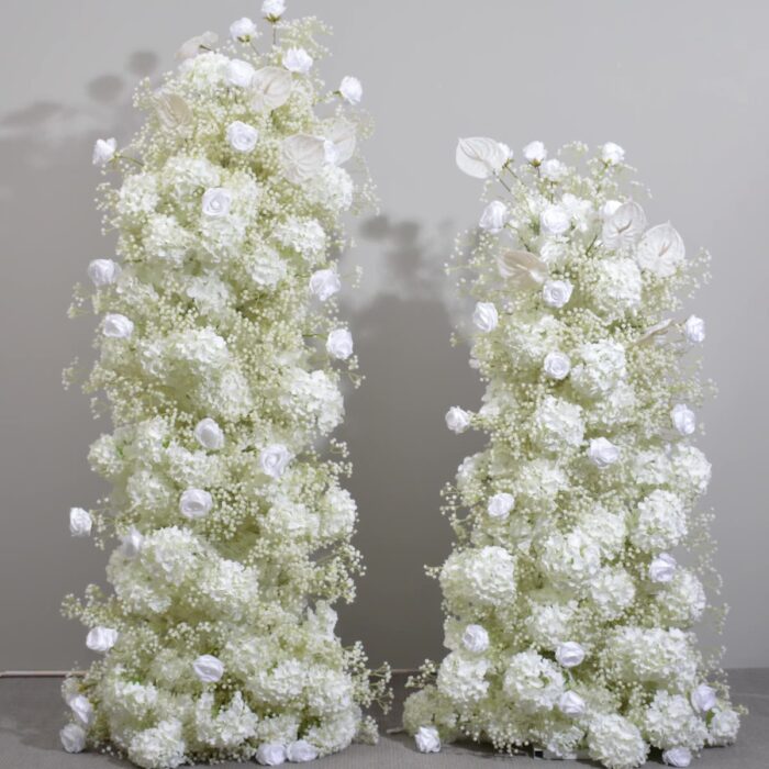 Luxury Wedding Floral Arch Set with White and Beige Roses – Gypsophila Backdrop with Frame