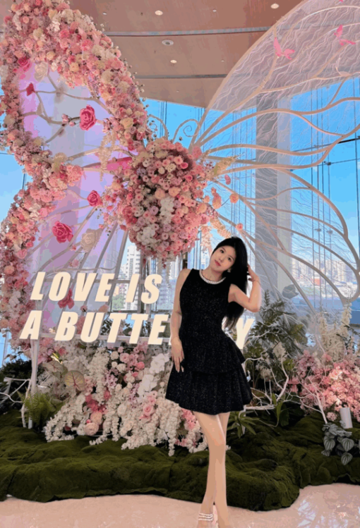 Magical Wedding Butterfly Backdrop with Soft Pink Roses and Elegant Details