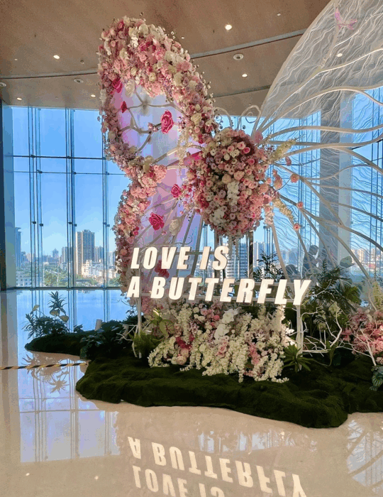 Magical Wedding Butterfly Backdrop with Soft Pink Roses and Elegant Details