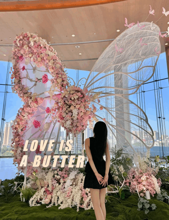 Magical Wedding Butterfly Backdrop with Soft Pink Roses and Elegant Details