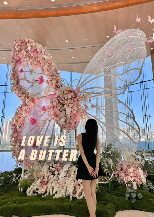 Magical Wedding Butterfly Backdrop with Soft Pink Roses and Elegant Details