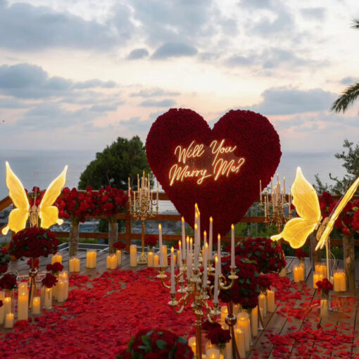 Opulent Red Rose Heart-Shaped Floral Wall for a Dreamlike Proposal