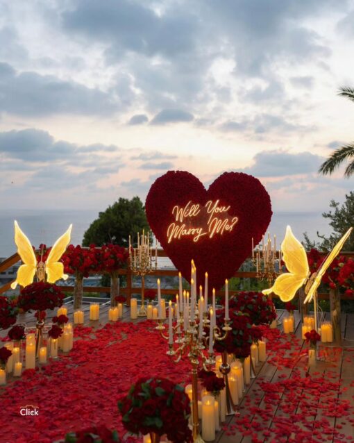 Opulent Red Rose Heart-Shaped Floral Wall for a Dreamlike Proposal