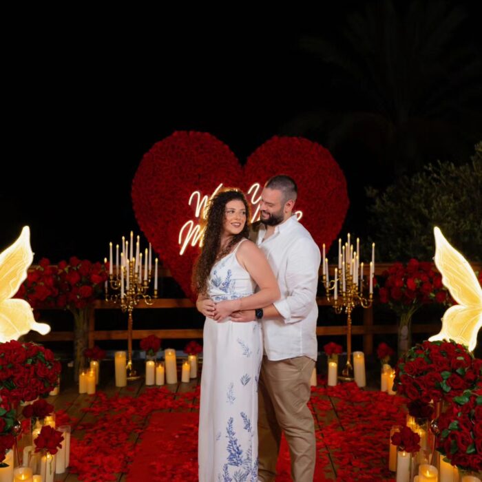 Opulent Red Rose Heart-Shaped Floral Wall for a Dreamlike Proposal