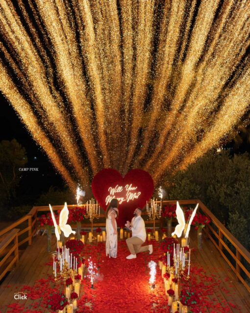 Opulent Red Rose Heart-Shaped Floral Wall for a Dreamlike Proposal