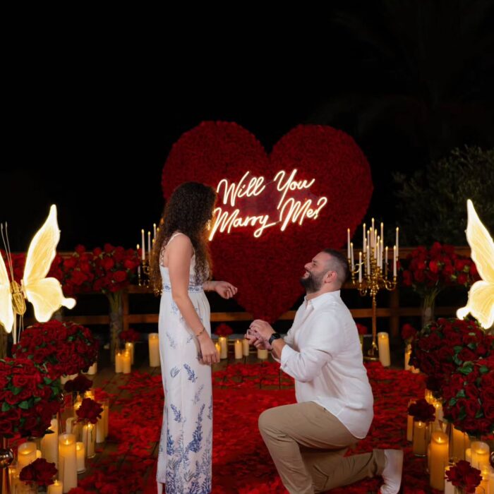 Opulent Red Rose Heart-Shaped Floral Wall for a Dreamlike Proposal