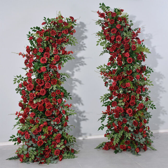 Passionate Burgundy Rose Wedding Arch with Eucalyptus Garland, Reception Backdrop Decor